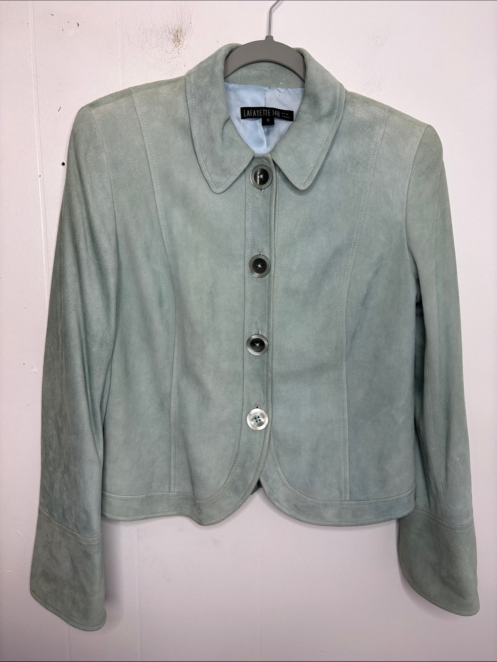 Lafayette 148 Jacket Womens 8 Suede Leather Minty Sage Classy Button Up